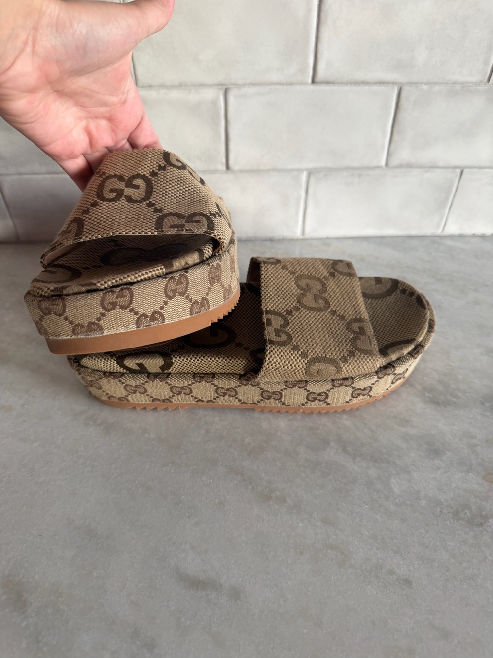 Beige Monogram Platform Slide Sandals